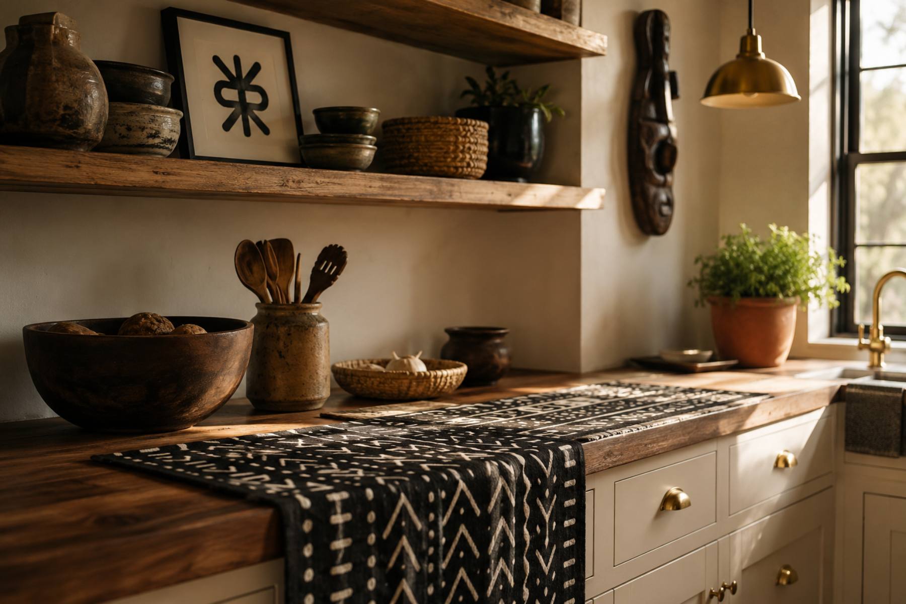 Afrocentric kitchen ideas — brass hardware, mudcloth runner, open shelving with stoneware and framed Adinkra print