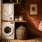 Afrocentric laundry room ideas — terracotta wall, woven basket, framed Adinkra print, glass jars and brass hooks around white machines