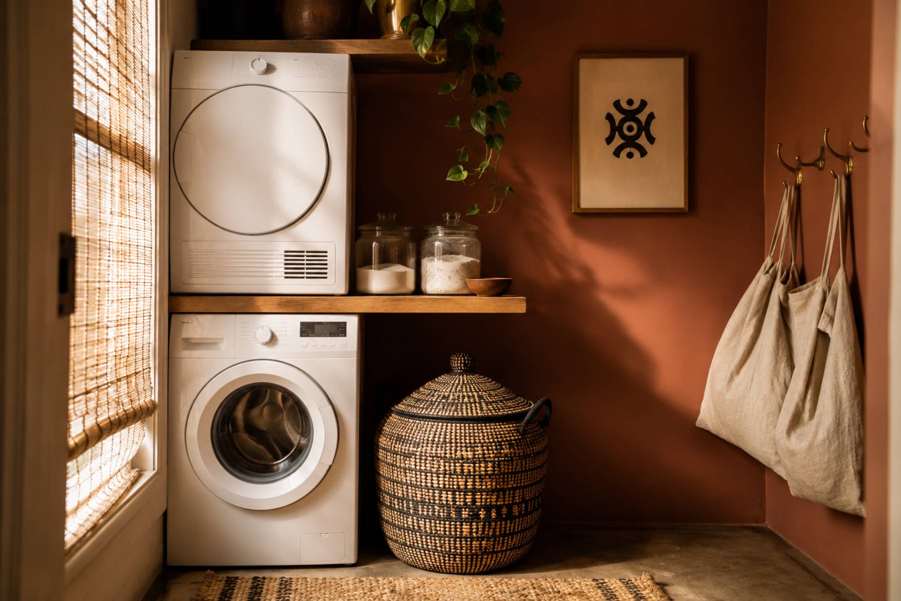Afrocentric laundry room ideas — terracotta wall, woven basket, framed Adinkra print, glass jars and brass hooks around white machines