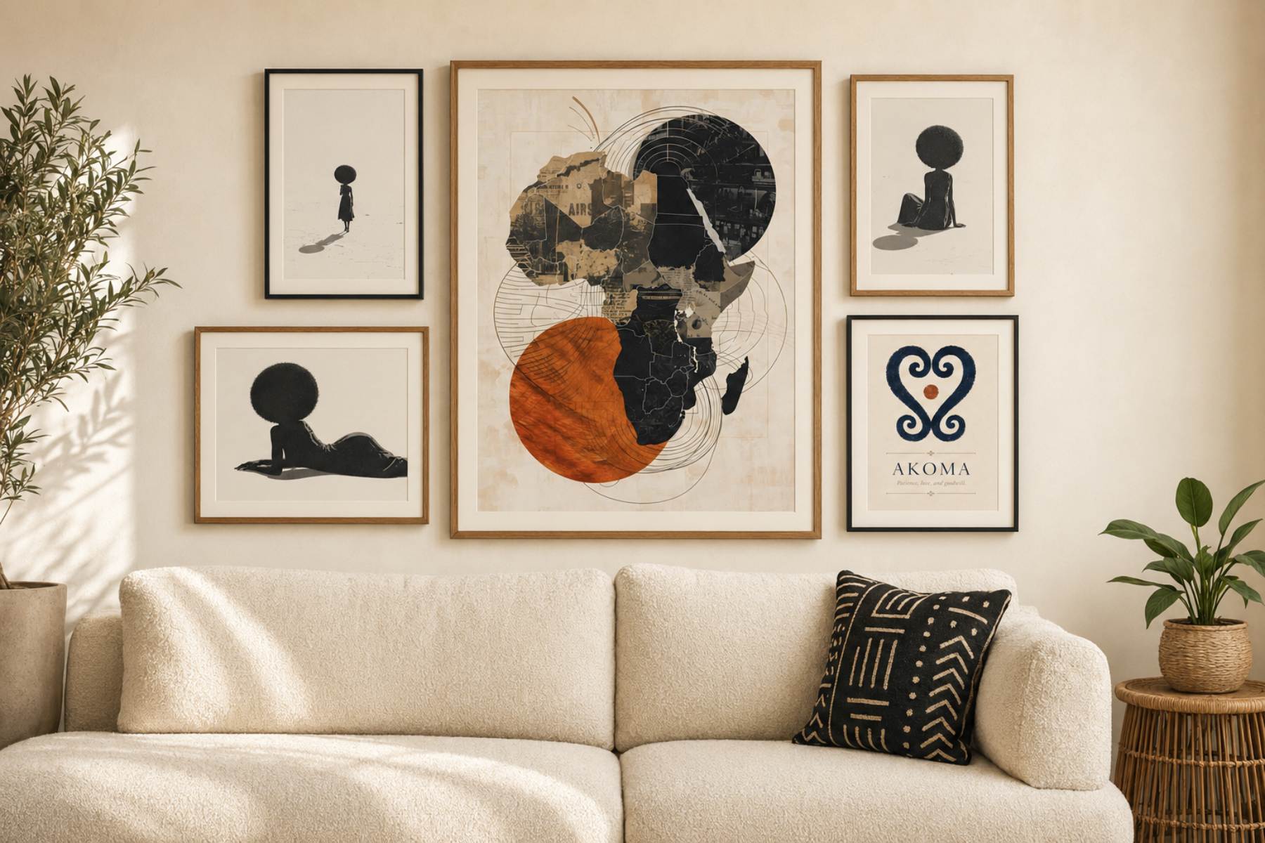 Afrocentric wall art gallery — Africa map, Black woman portrait and adinkra prints above a cream sofa