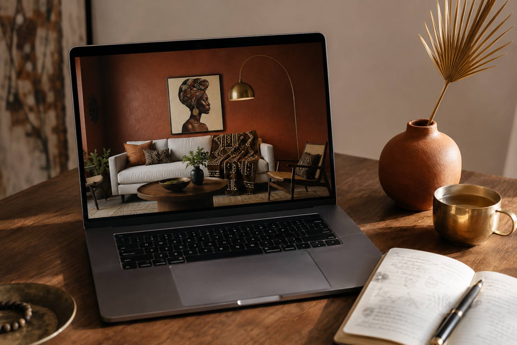 AI prompts for afrocentric room mockups — laptop showing generated interior next to notebook and brass cup