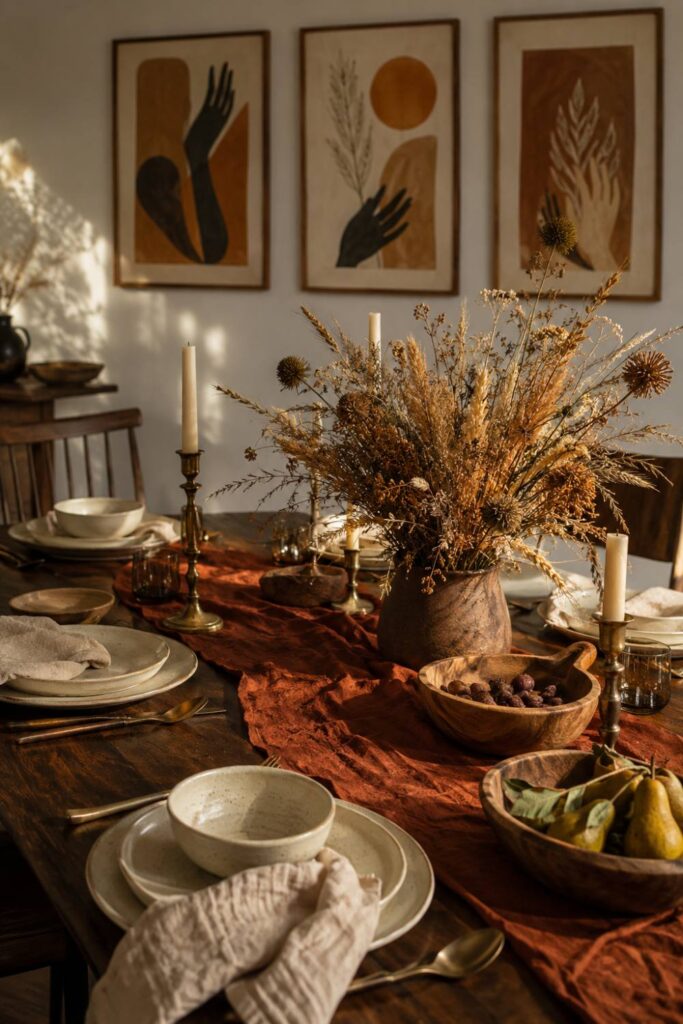 Black Thanksgiving decor: a rust and clay harvest table with dried grains and Afrocentric gratitude wall art behind