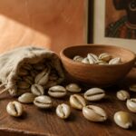 Cowrie shell meaning in African decor — cluster of cowrie shells around hand-thrown clay bowl on walnut table