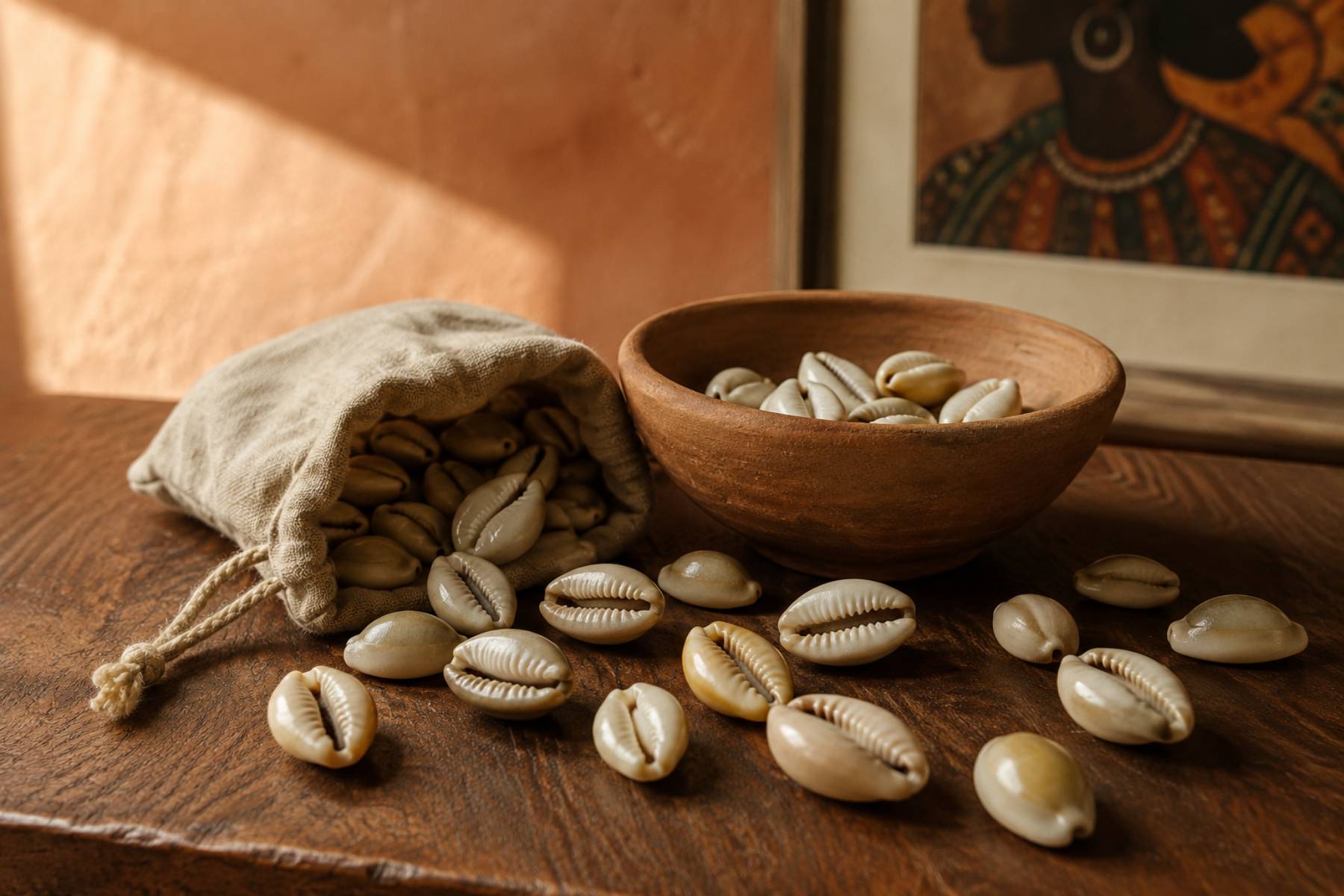 Cowrie shell meaning in African decor — cluster of cowrie shells around hand-thrown clay bowl on walnut table