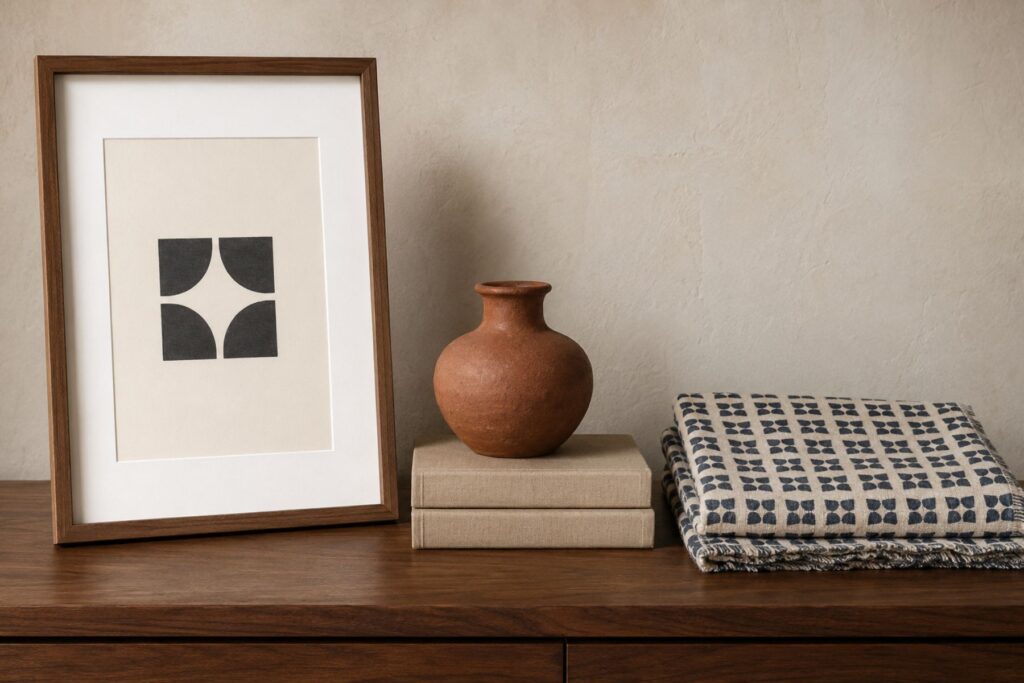 The difference between a symbol and a motif shown side by side — one isolated framed mark beside indigo cloth where the same mark repeats