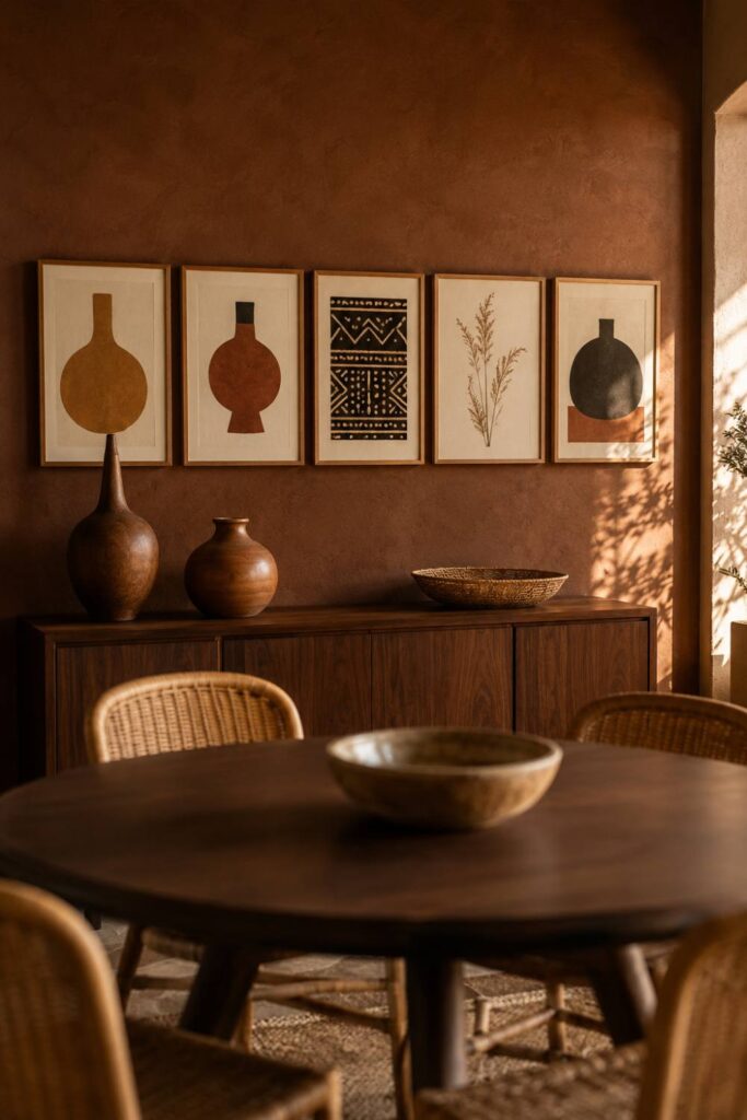 Dining room decoration ideas: an Afrocentric gallery wall of five clay and ochre prints above a walnut sideboard