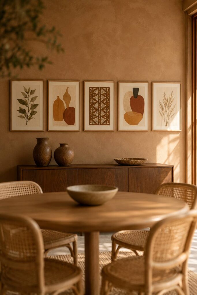 A warm dining room styled with a five-piece Afrocentric gallery wall above a walnut sideboard, in ochre, rust and cream against clay-brown plaster. Vessel and calabash forms, mudcloth pattern and dried botanicals show how one horizontal wall can anchor the whole room.