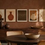 Dining room decoration ideas: an Afrocentric gallery wall of five clay and ochre prints above a walnut sideboard