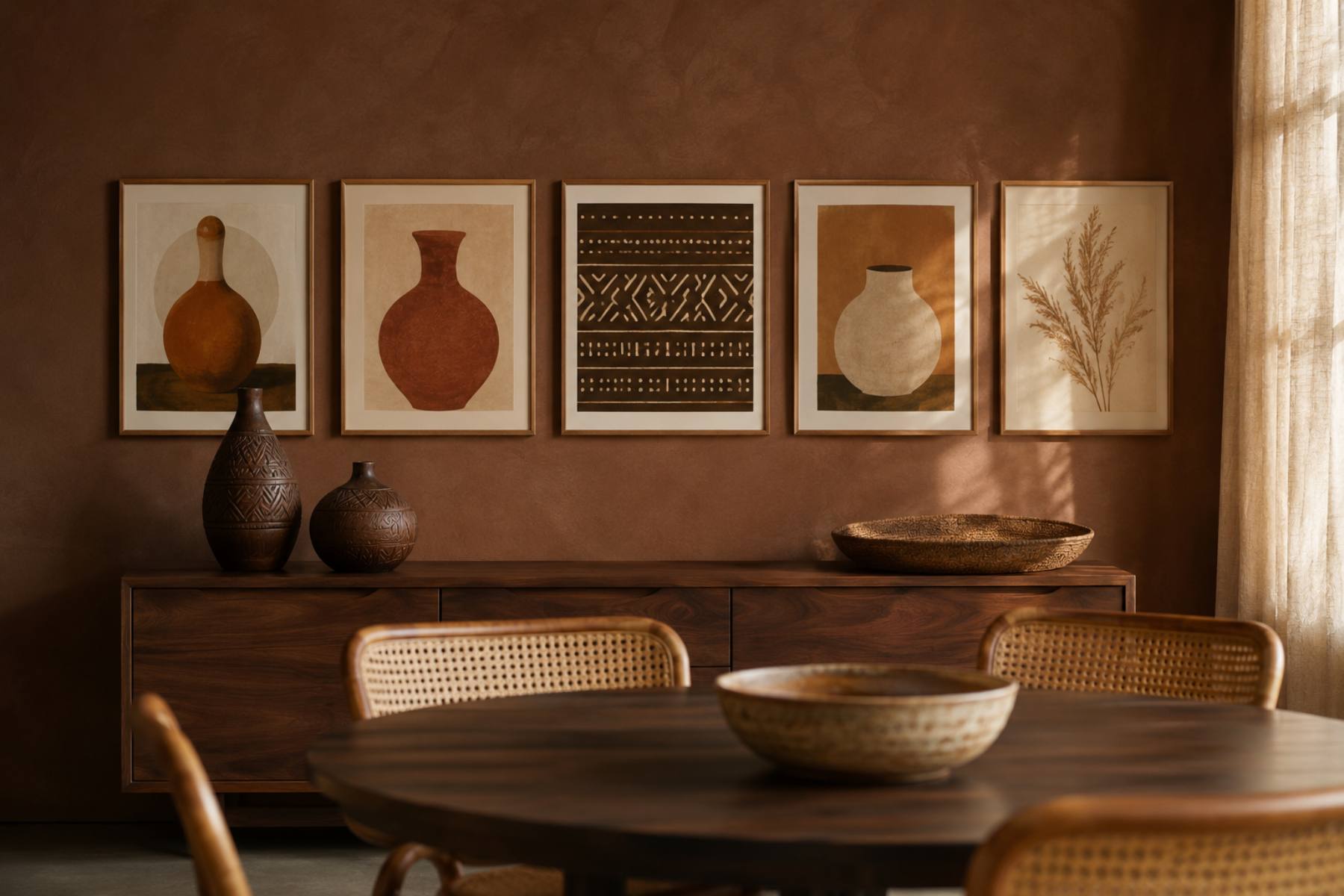 Dining room decoration ideas: an Afrocentric gallery wall of five clay and ochre prints above a walnut sideboard