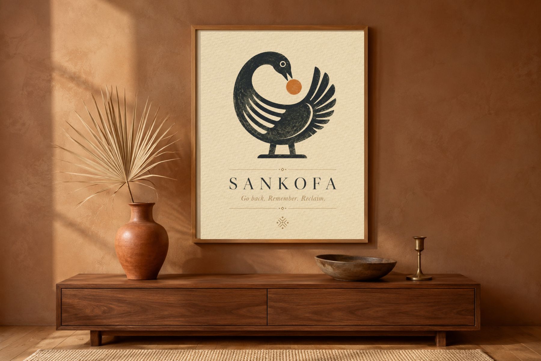 DIY Sankofa wall art print framed in natural oak above a walnut console with terracotta vase and brass candle holder