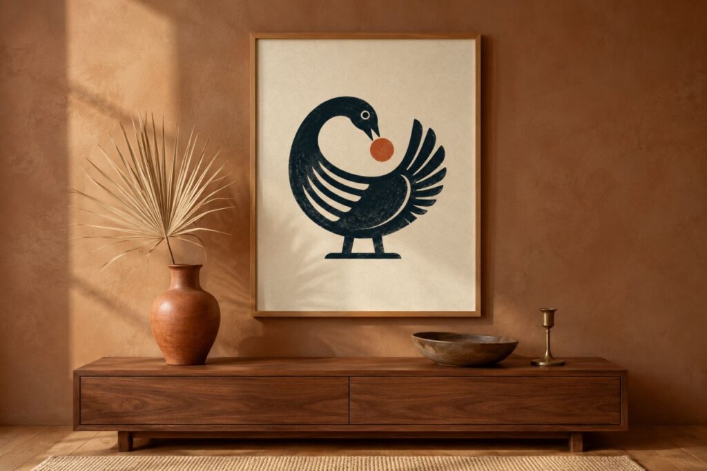 Sankofa symbol meaning illustrated — a framed Akan Sankofa print in charcoal on cream beside old photographs and stamped adinkra cloth