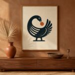 Sankofa symbol meaning illustrated — a framed Akan Sankofa print in charcoal on cream beside old photographs and stamped adinkra cloth