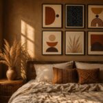 Fall bedroom decor ideas: an Afro-boho gallery wall of six terracotta and ochre prints above a linen bed