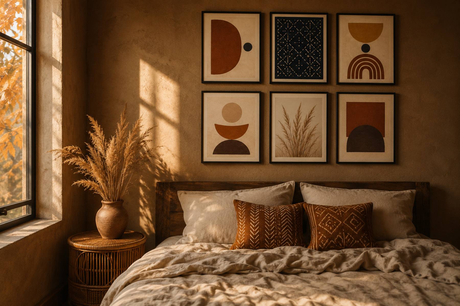Fall bedroom decor ideas: an Afro-boho gallery wall of six terracotta and ochre prints above a linen bed
