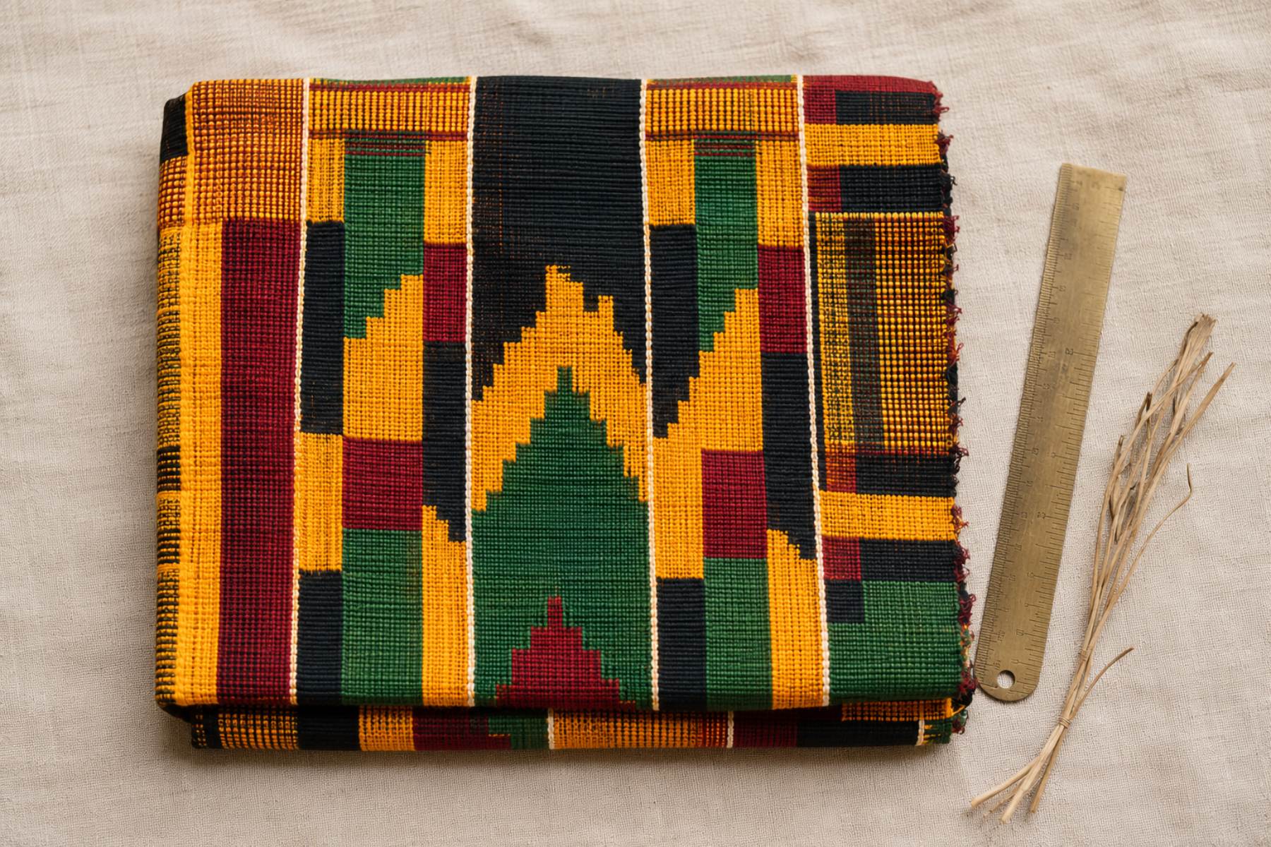 Kente cloth patterns and meanings — folded Asante strip-weave in gold, green, red and black