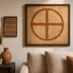 Kongo symbols in a styled room — framed dikenga cosmogram print and Kuba cloth panel in earth tones