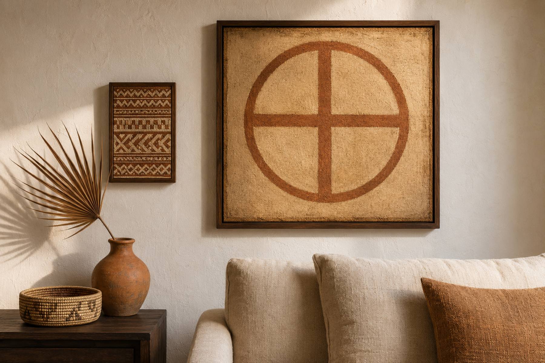 Kongo symbols in a styled room — framed dikenga cosmogram print and Kuba cloth panel in earth tones