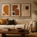 Modern cozy living room with a warm Afro-neutral gallery wall in ochre and bone above a cream sofa