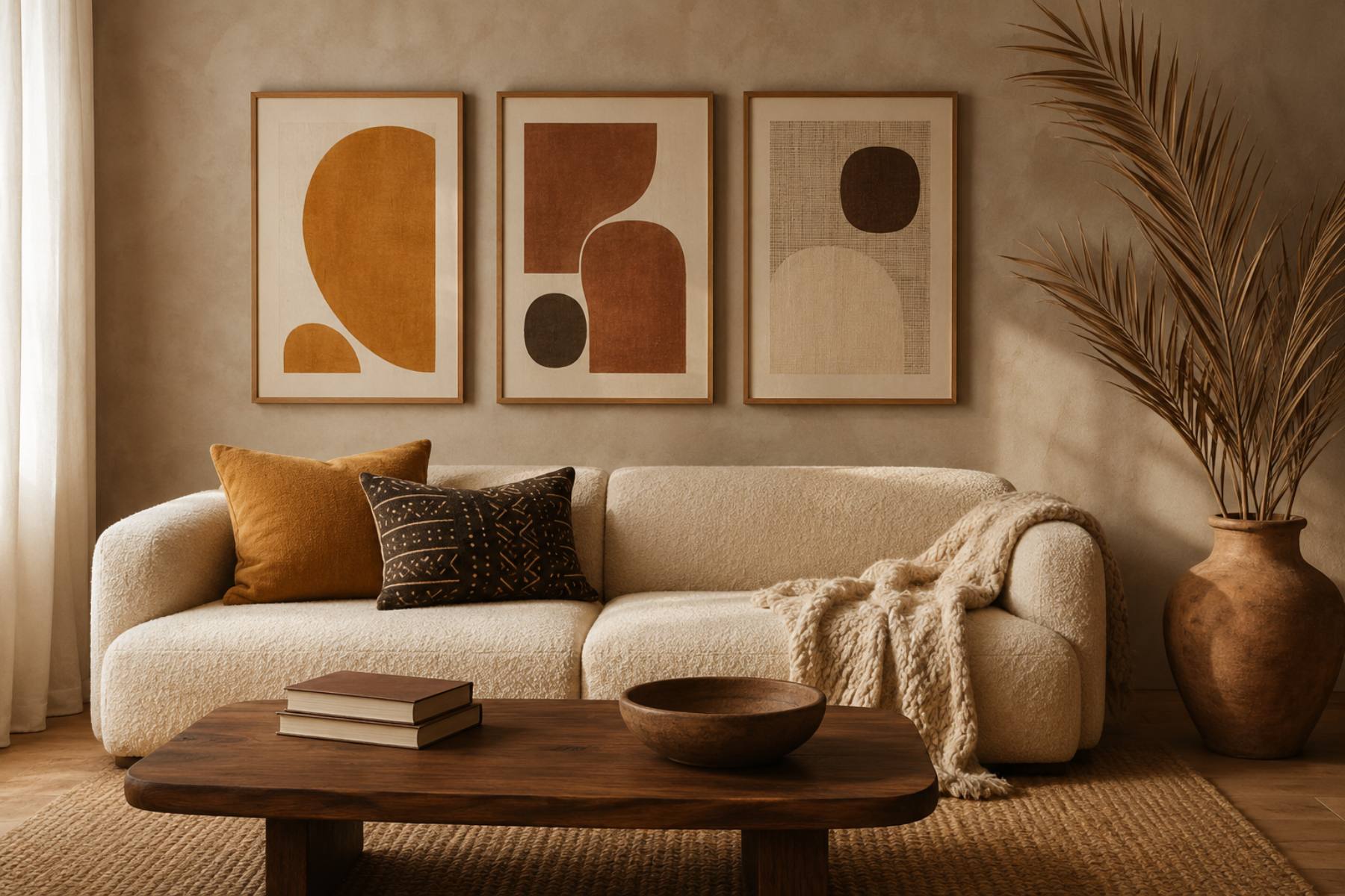 Modern cozy living room with a warm Afro-neutral gallery wall in ochre and bone above a cream sofa