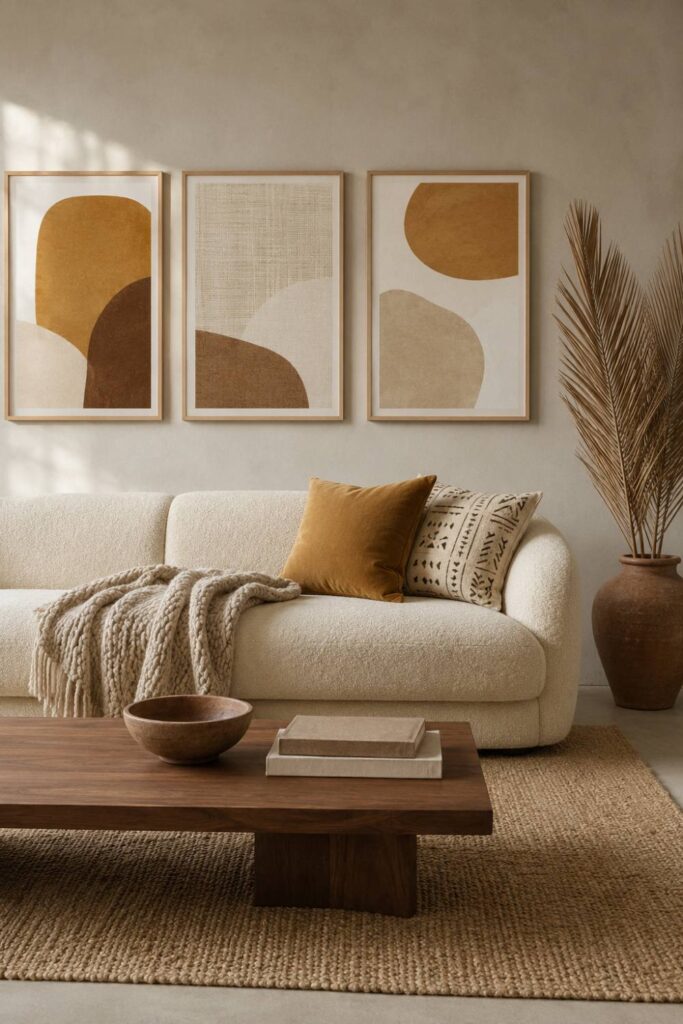 Modern cozy living room with a warm Afro-neutral gallery wall in ochre and bone above a cream sofa