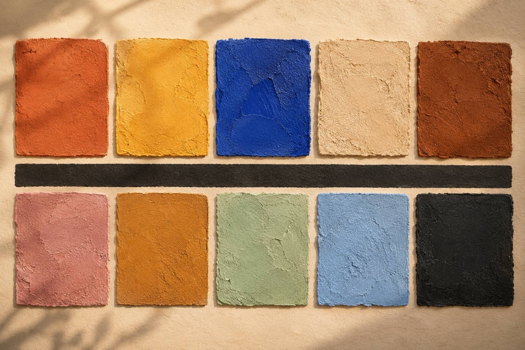 Moroccan color palette guide — ten textured swatches from Marrakech terracotta to Chefchaouen blue