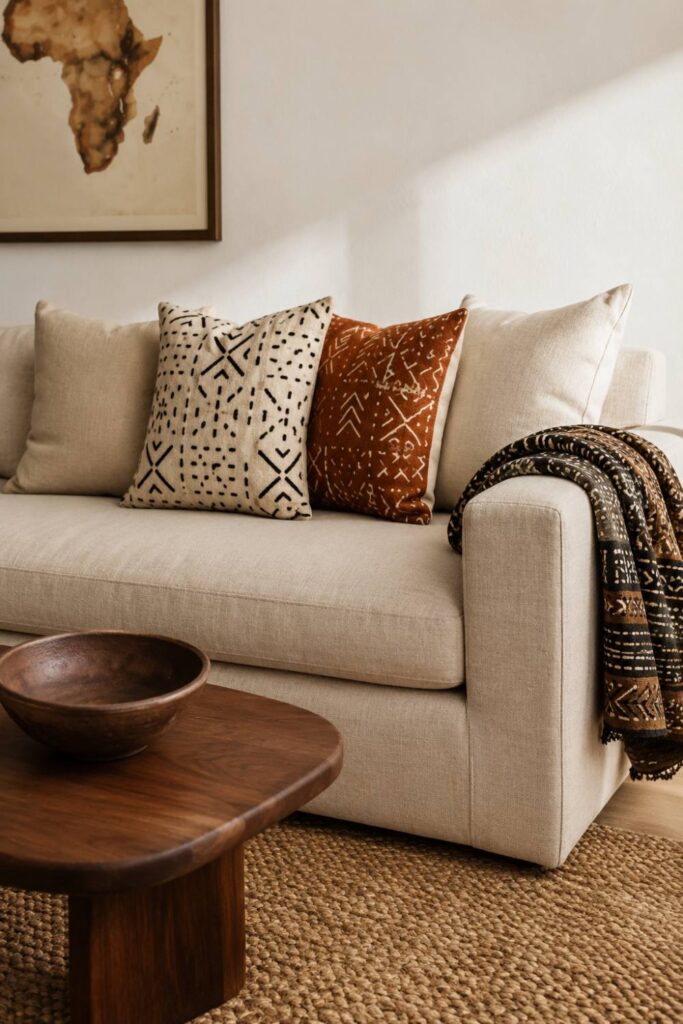 Mudcloth pillows for modern homes — cream and rust mudcloth pillows styled on a linen sofa with mudcloth throw
