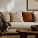 Mudcloth pillows for modern homes — cream and rust mudcloth pillows styled on a linen sofa with mudcloth throw