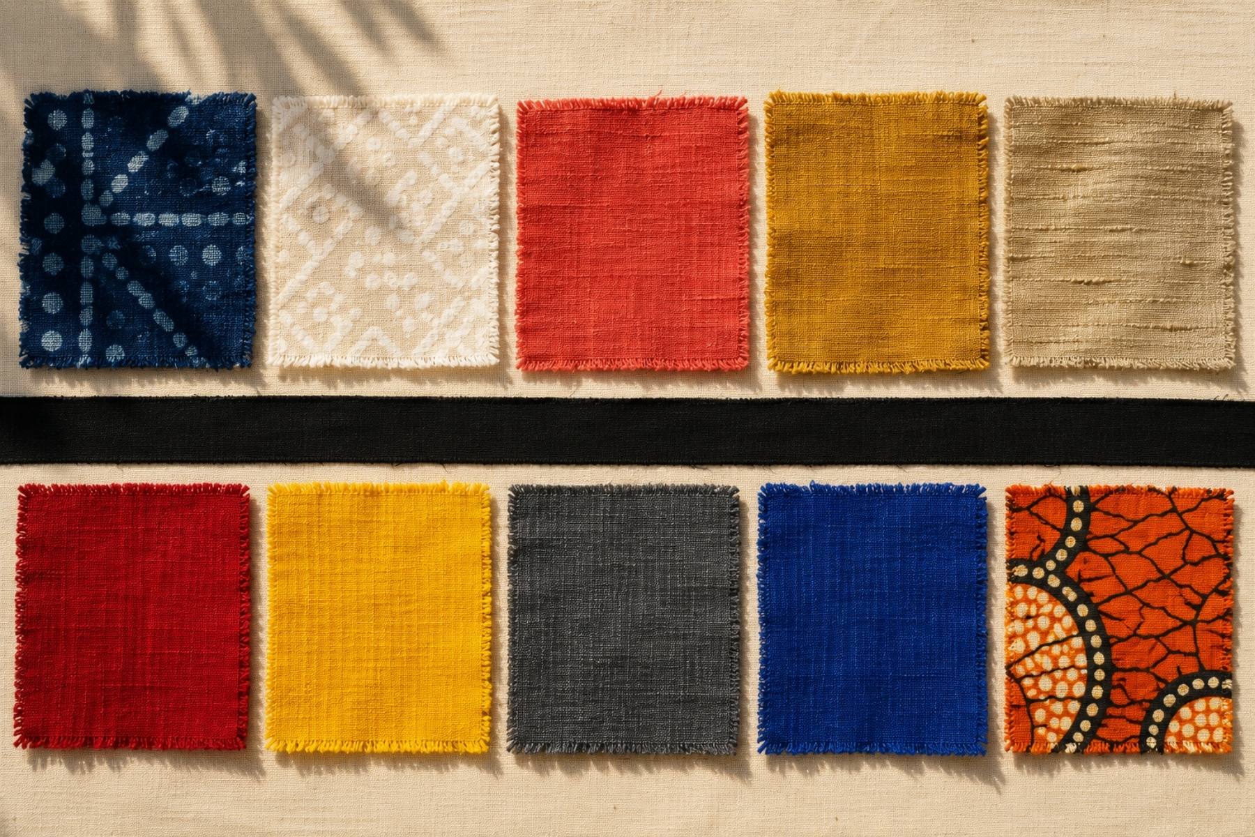 Nigeria color palette guide — ten cloth swatches from adire indigo and Benin coral to Lagos yellow and ankara brights