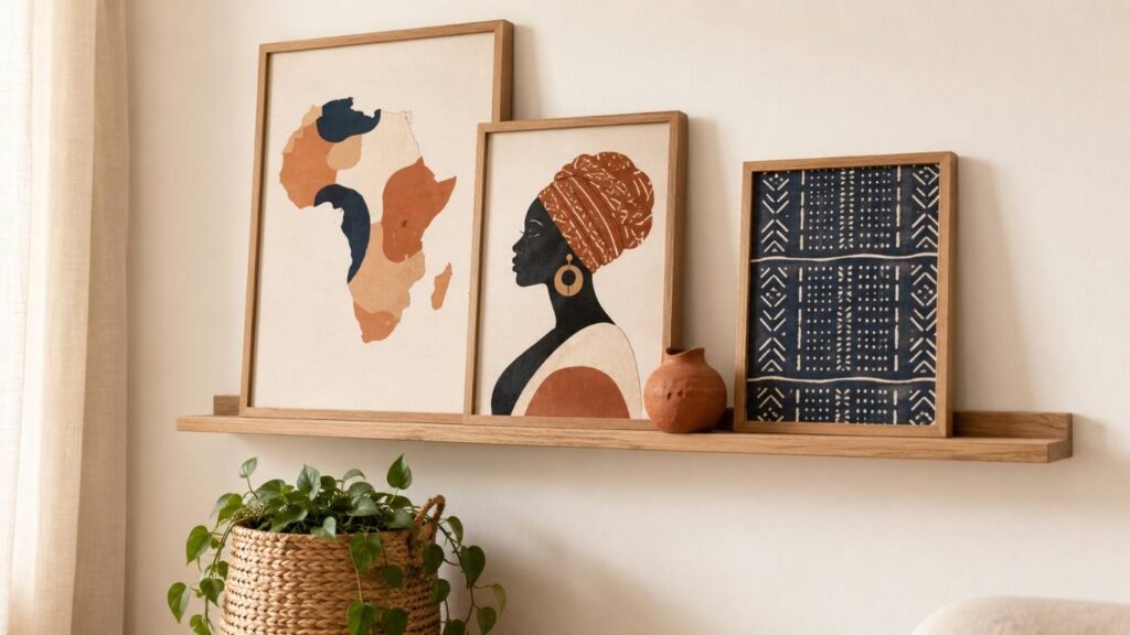 Renter-friendly picture ledge layering three Afrocentric prints at different heights above a woven basket