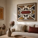 South African symbols styled at home — Ndebele geometric print, Zulu beadwork panels and an ochre eland