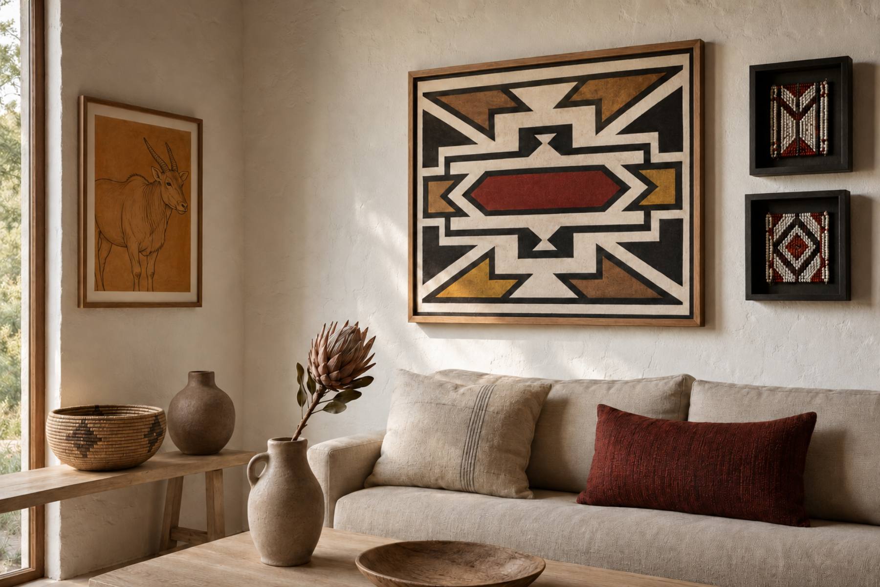South African symbols styled at home — Ndebele geometric print, Zulu beadwork panels and an ochre eland