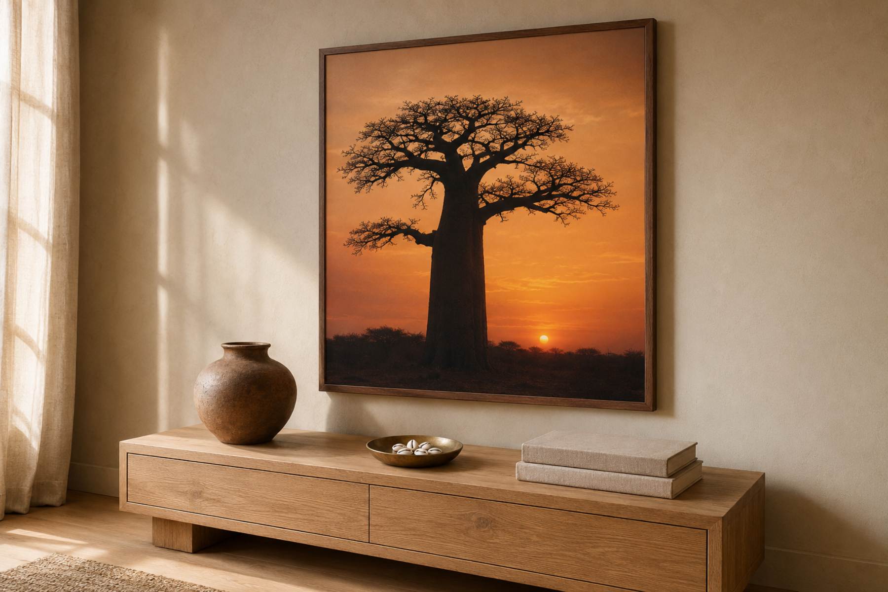 Tree of life symbolism in African art — framed baobab sunset print above oak console with clay vessel and cowrie shells