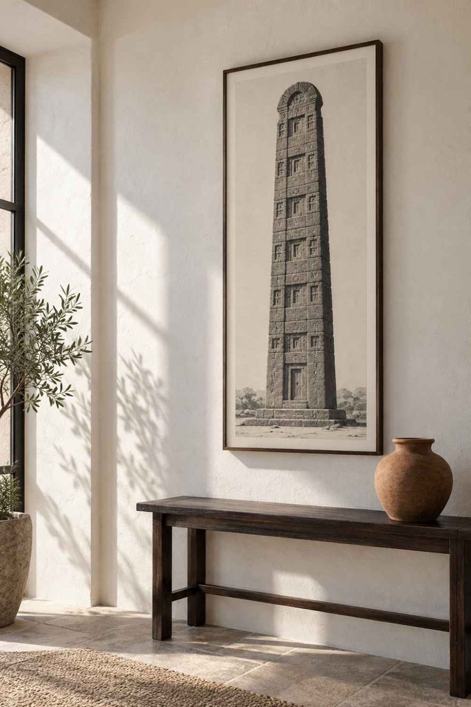 The Aksum stelae were raised in the third and fourth centuries over elite burials, carved with false windows and beam-ends so a single granite block becomes a multi-storey building. The tallest was cut to stand around ninety-seven feet and fell, probably while being raised.