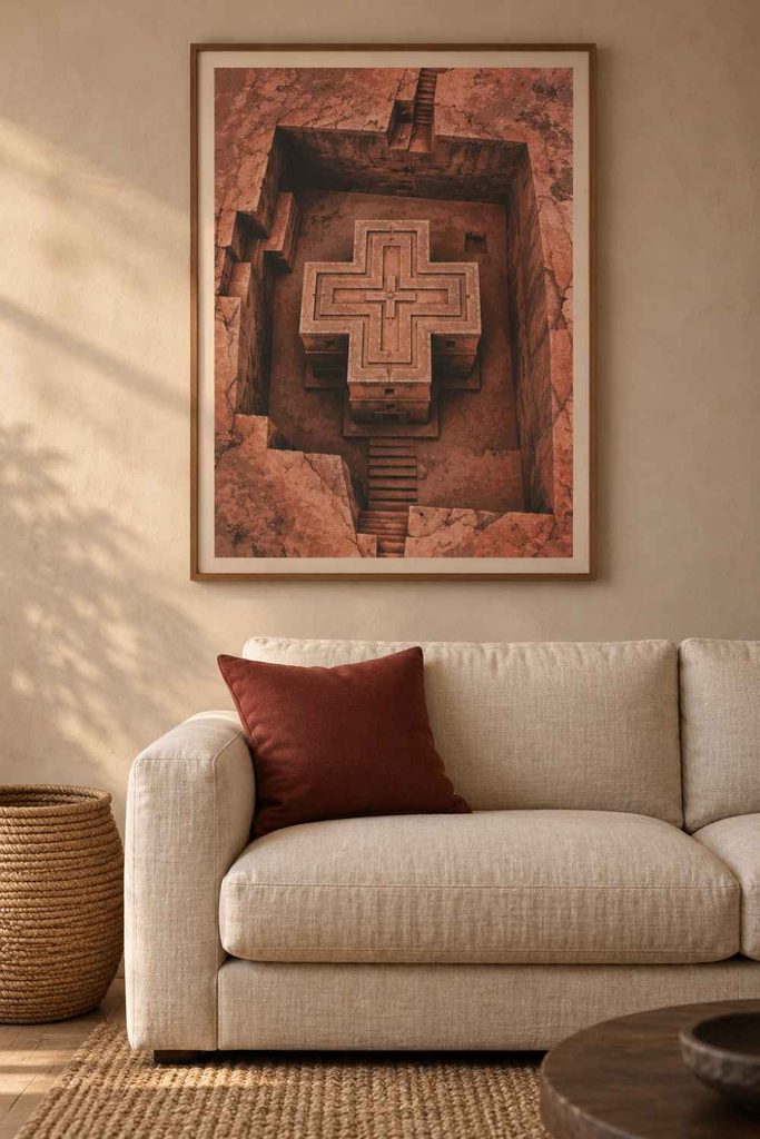 Bete Giyorgis at Lalibela is an equal-armed cross sunk into rose-red volcanic rock, carved in the twelfth or thirteenth century as part of a new Jerusalem for pilgrims. It is subtractive architecture, and it still holds services.