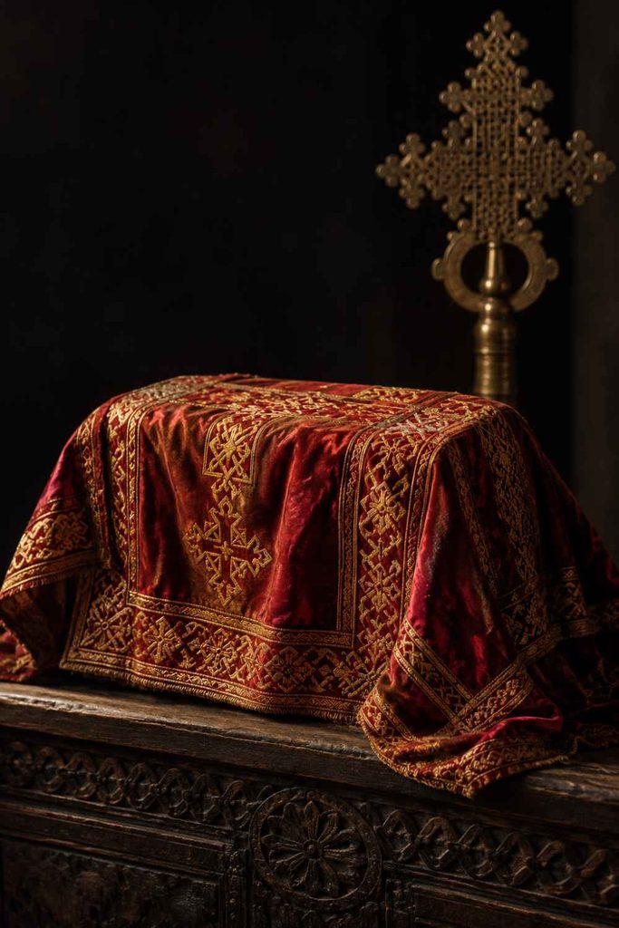 A tabot is a consecrated tablet standing in for the Ark of the Covenant, kept wrapped in cloth in the holy of holies where only clergy may enter. At Timkat it is carried out on a priest’s head, still covered, beneath silk umbrellas.