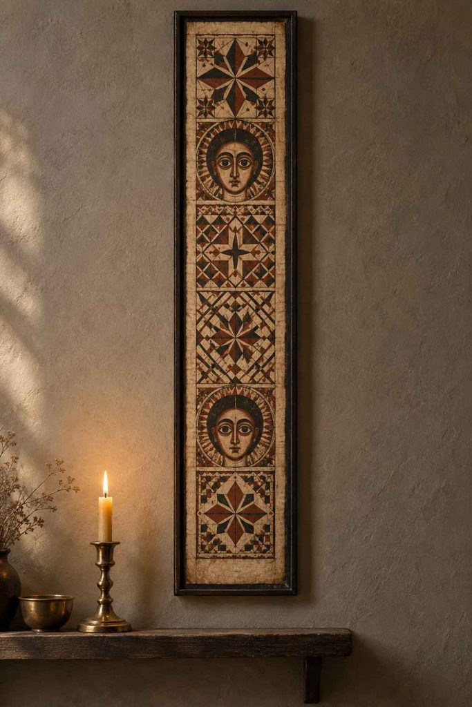 Ethiopian telsem healing scrolls were made by debtera, church scholars who also practised medicine, and cut to the length of the person they were made for. The eight-pointed stars and interlocking grids are understood to trap demons, and the staring faces do the work of the ritual