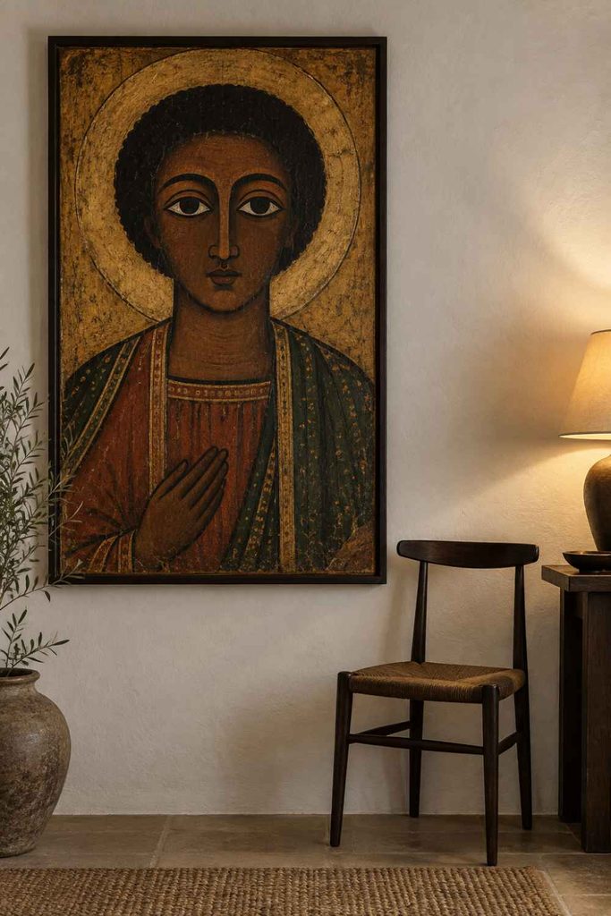 Ethiopian icon painting runs one of the clearest moral conventions in world art, showing holy figures frontally with both eyes visible and evil figures turned sideways with one. It means the ethics of a crowded painting can be read from across the room.