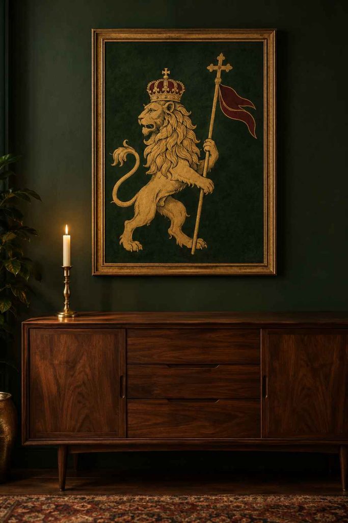 The Lion of Judah asserts Ethiopia’s Solomonic descent, and the imperial title opened with Conquering Lion of the Tribe of Judah rather than the emperor’s own name. It travelled into Rastafari with Haile Selassie’s coronation in 1930 and still stands for unbroken sovereignty.