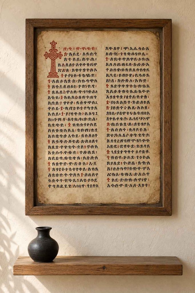 Ge’ez is an abugida of thirty-three base consonants modified into seven vowel forms, which makes 231 characters where every single one is a complete syllable. Because each character is roughly square, a page of it reads visually closer to woven cloth than to a Latin paragraph.
