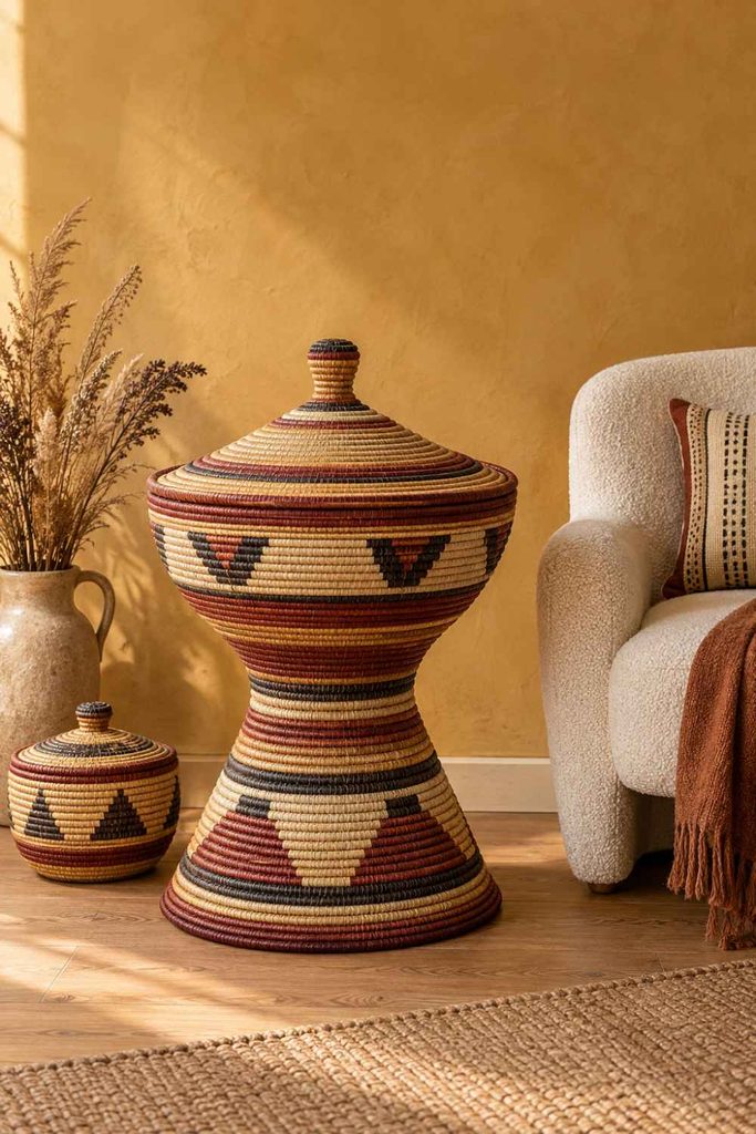 A mesob is a tall coiled grass basket with a domed lid that holds injera and serves as the table itself, which makes it the physical shape of Ethiopian hospitality. Harar work is prized for the most complex banded designs, and the form is on the ten birr note.
