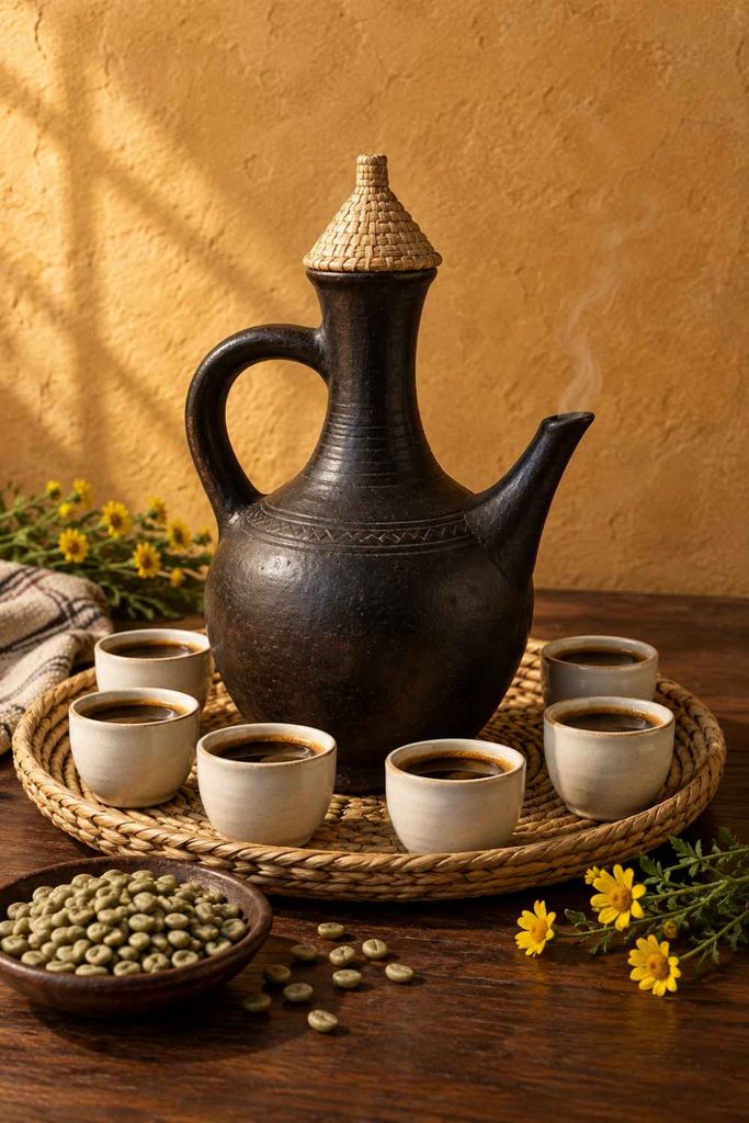 Coffea arabica is native to the forests of southwestern Ethiopia, and the ceremony built around it roasts, grinds and brews in the room over about two hours. The three rounds are called abol, tona and baraka, and the last name means blessing.