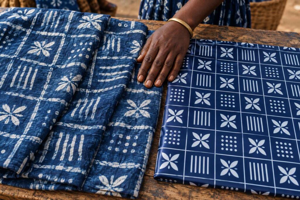 Hand-painted adire eleko-style cloth beside a factory-printed indigo imitation with a perfectly repeating pattern