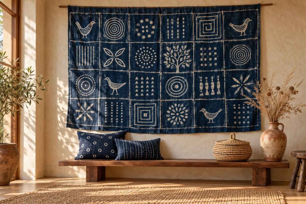 Adire patterns and meanings: hand-painted indigo adire eleko-style cloth above a walnut bench with indigo cushions