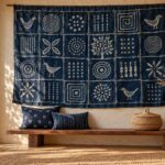 Adire patterns and meanings: hand-painted indigo adire eleko-style cloth above a walnut bench with indigo cushions