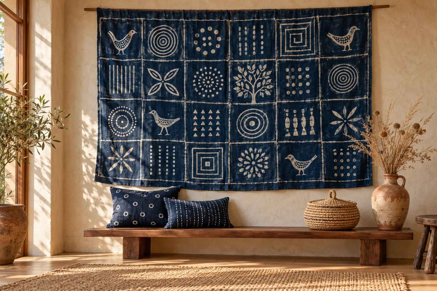 Adire patterns and meanings: hand-painted indigo adire eleko-style cloth above a walnut bench with indigo cushions