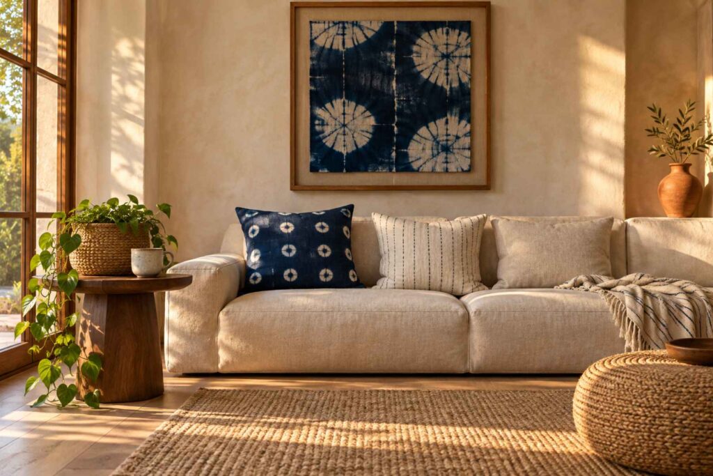 Adire fabric decor in a living room: indigo cushions, a framed textile square, oak, jute and a seagrass basket