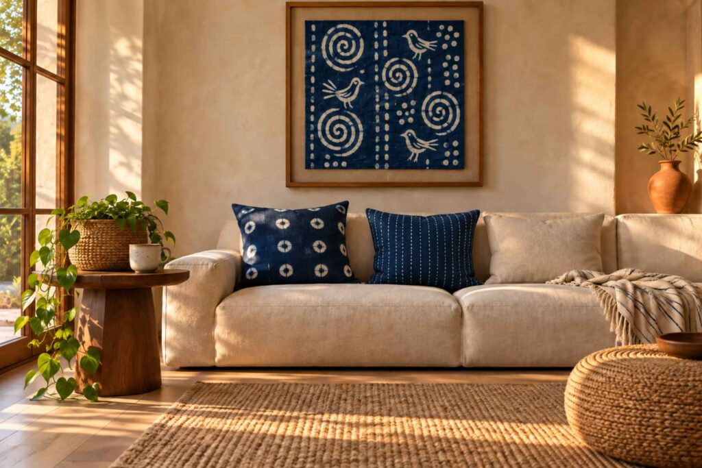 Adire fabric decor in a living room: indigo cushions, a framed textile square, oak, jute and a seagrass basket