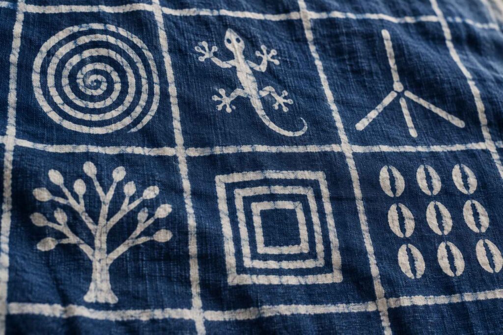 Adire eleko-style indigo cloth detail with hand-drawn squares of spiral, gecko, crossroads, tree and nested-square motifs