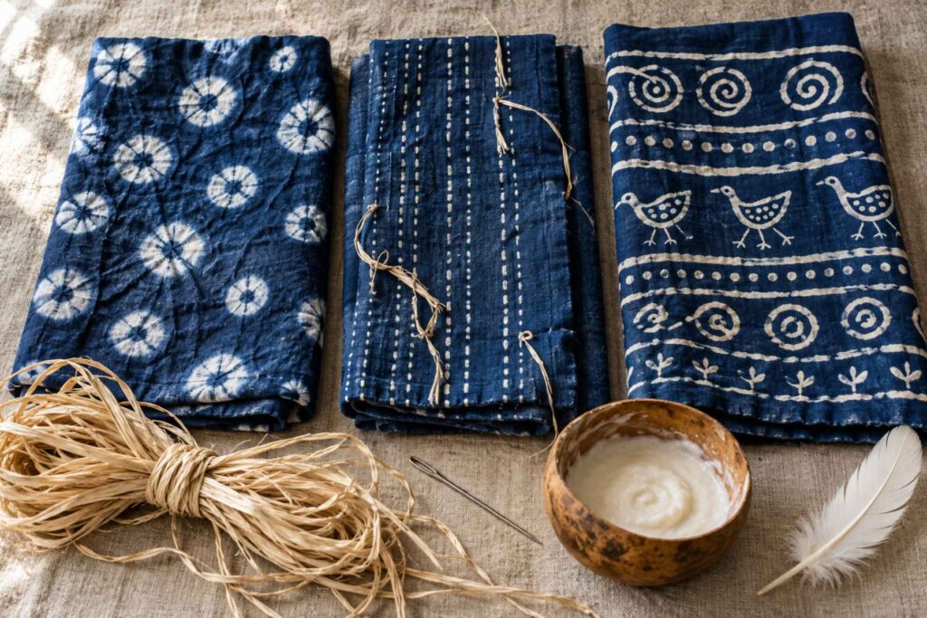 Three adire techniques side by side: oniko tied circles, alabere stitched lines and eleko starch-painted motifs on indigo
