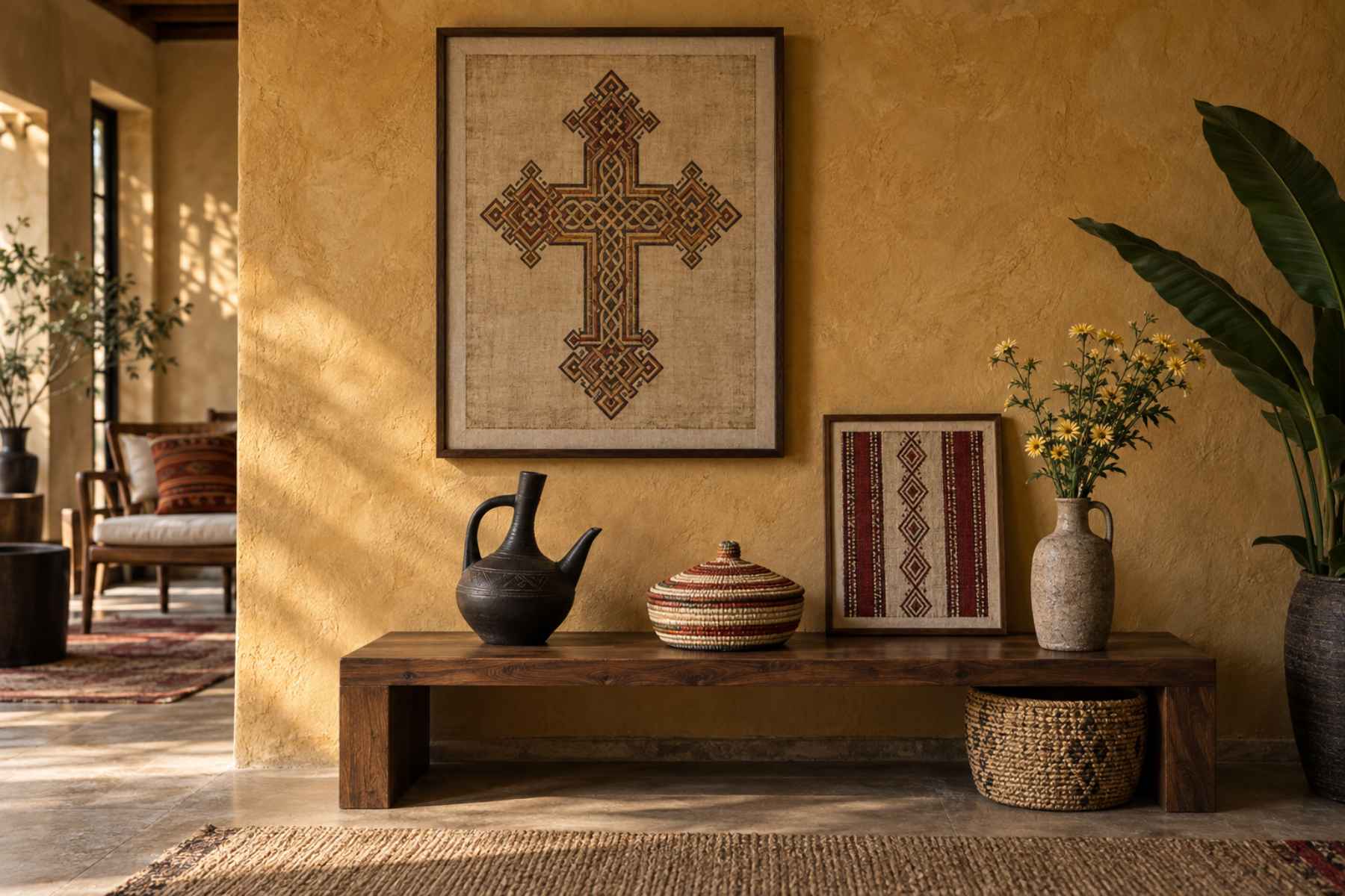 Ethiopian symbols in a styled room — framed interlaced Ethiopian cross print, woven tilet panel and black clay jebena
